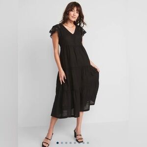 Flutter-Sleeve Tie-Back Maxi Swing Dress Black XS Tall